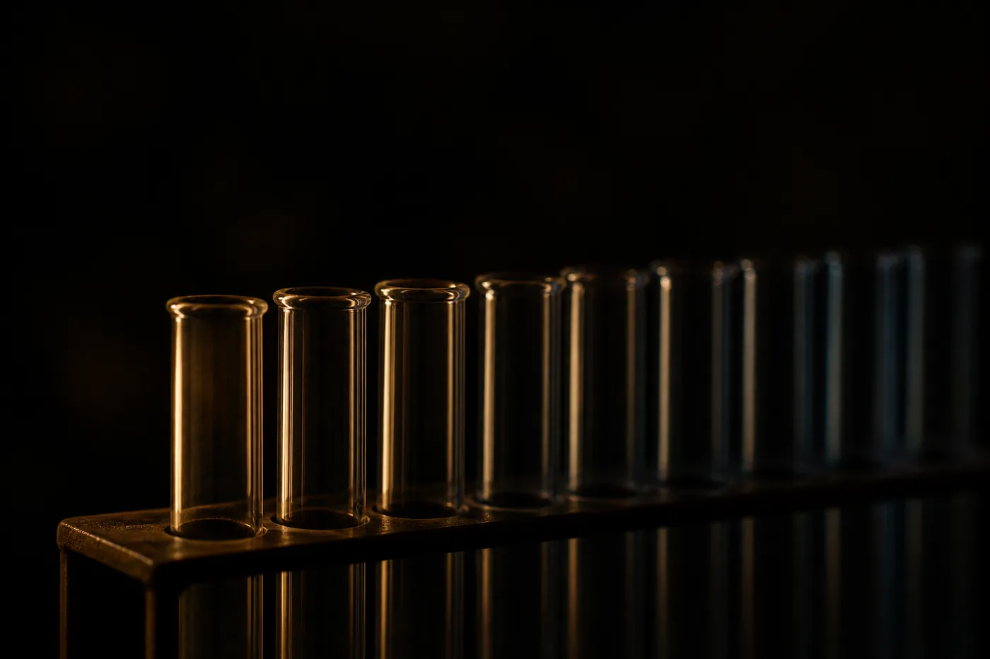 A row of empty glass test tubes in a metal rack, lit from one side so that only the rims and edges catch the light.